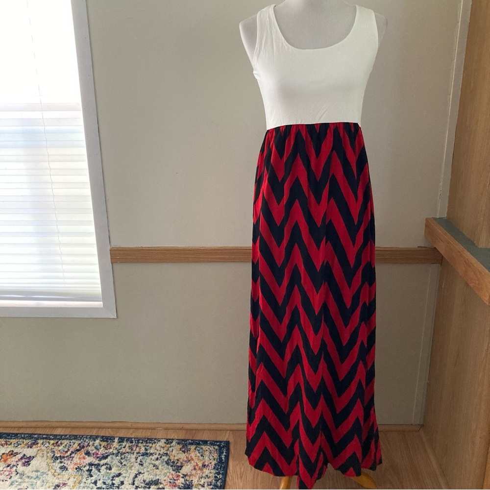 Color Me Red Dress Chevron Colorblock Made in USA Maxi Slit Sleeveless
